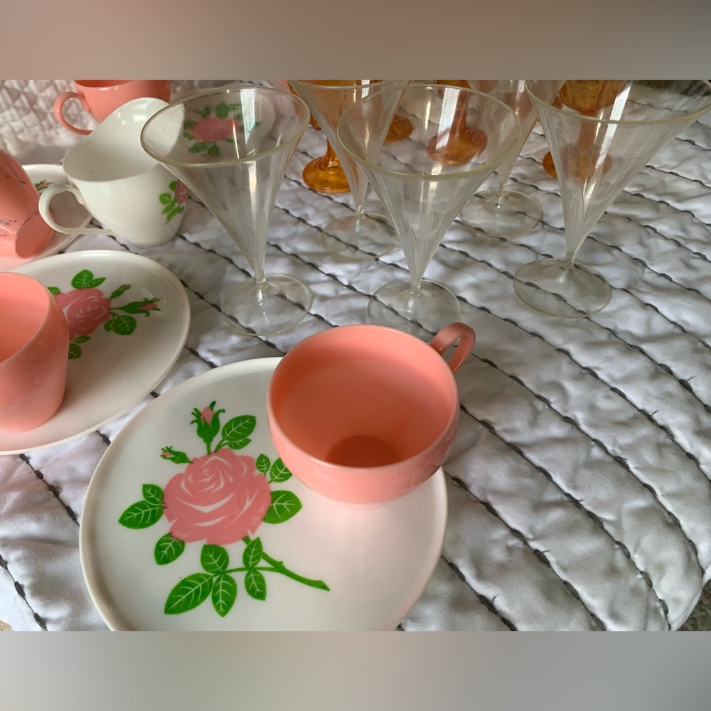 Vintage Mini Tea Cups Saucers Wine Water Goblet Pink Rose Orange Doll Drinks - Picture 5 of 7